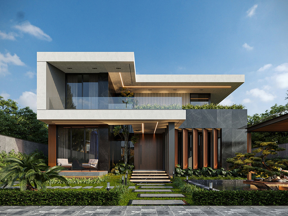 Biệt thự 2 tầng nhà vườn 400m2, thiết kế hiện đại với hệ cửa kính rộng tạo không gian sống thoáng đãng.