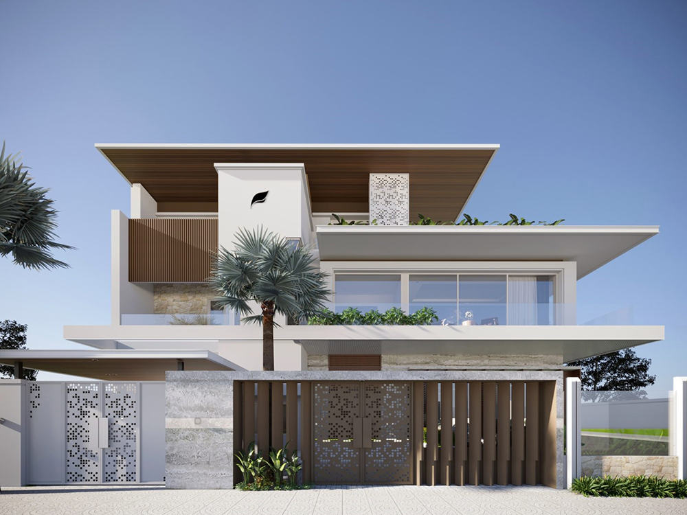 Biệt thự sân vườn 400m2 được thiết kế hiện đại với hệ cửa kính lớn và không gian sống sang trọng.