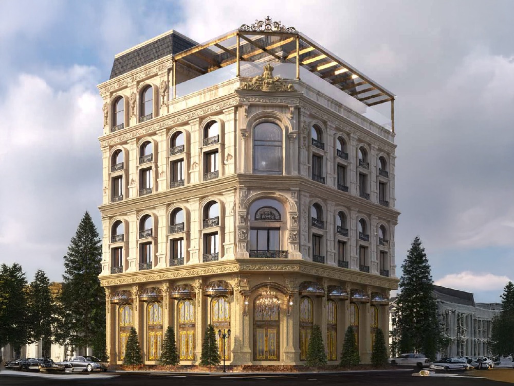 Khách sạn 7 tầng mái Mansard và tông vàng quý phái, đẳng cấp