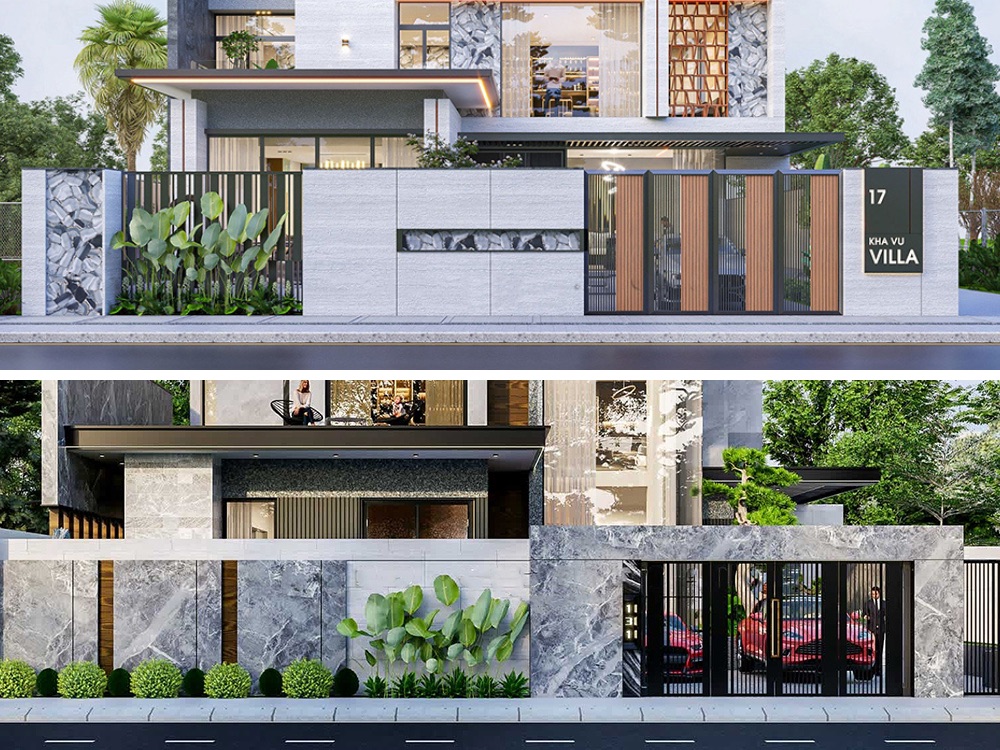  Mẫu hàng rào biệt thự hiện đại với thiết kế bê tông kết hợp đá tự nhiên, tạo sự khác biệt với những ô cửa gỗ phối hợp tinh tế.