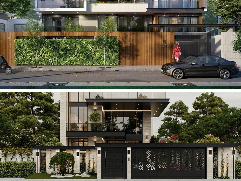 Thiết kế hàng rào biệt thự với đường nét đơn giản, kết hợp cây xanh tạo không gian mở và cảm giác gần gũi với thiên nhiên.