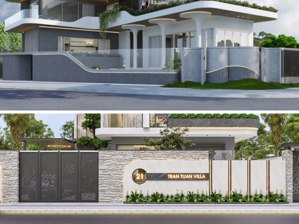 Mẫu hàng rào hiện đại cao cấp, phối hợp cùng hệ cây xanh tạo cảm giác thoải mái và gần gũi với thiên nhiên.