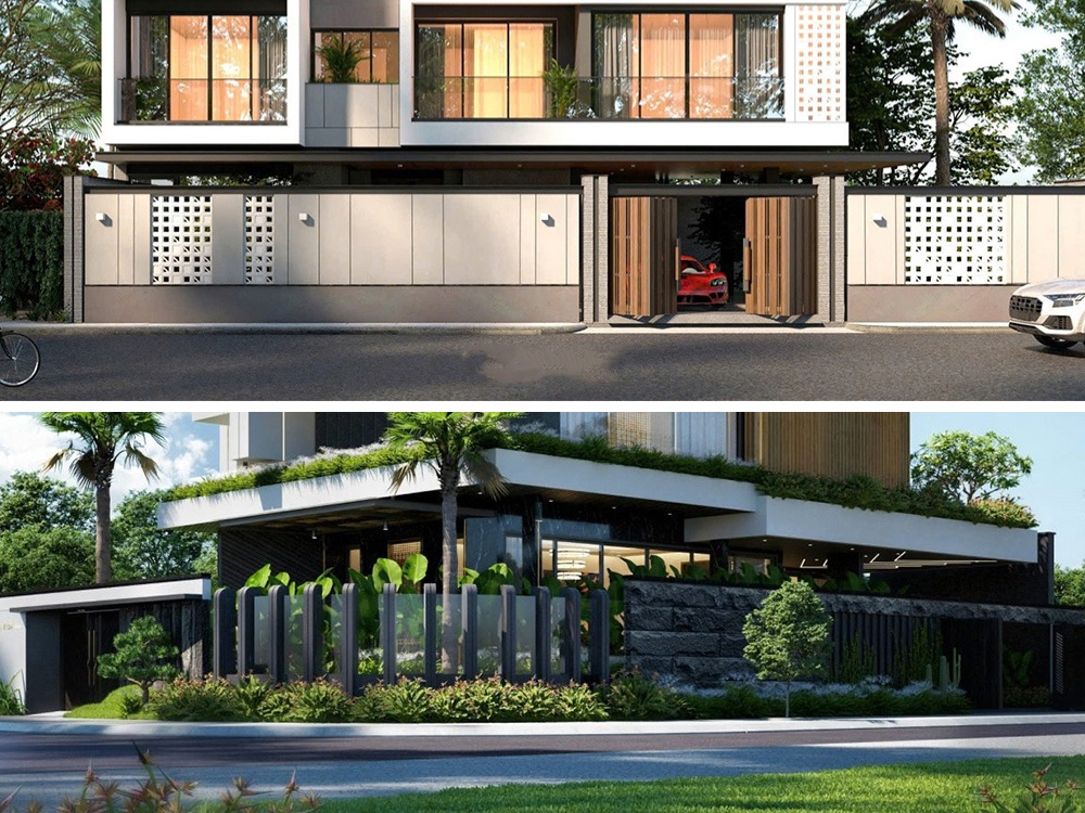 Hàng rào biệt thự sang trọng, kết hợp cây xanh trang trí ở mặt trước. Điểm nhấn là các cánh cổng sắt sơn tĩnh điện, giúp tăng tính hiện đại và an toàn.