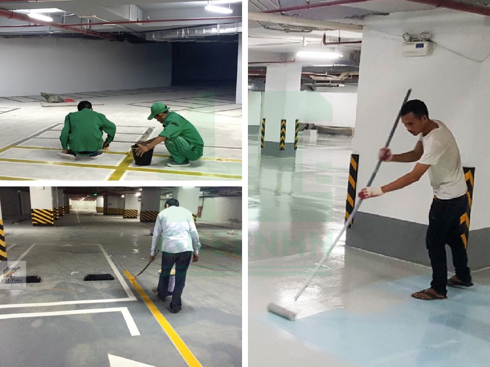 Sử dụng con lăn để thi công sơn epoxy cho tầng hầm