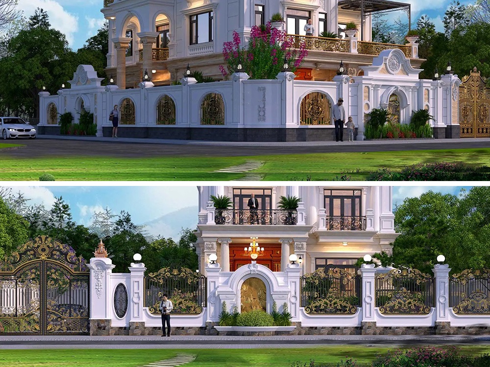 mẫu hàng rào sắt mỹ thuật phong cách tân cổ điển với hoa văn tinh xảo, đảm bảo độ bền và tính thẩm mỹ vượt thời gian