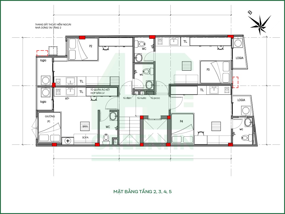 Mặt bằng công năng tầng 2,3,4,5 anh Vương - Đại Mỗ