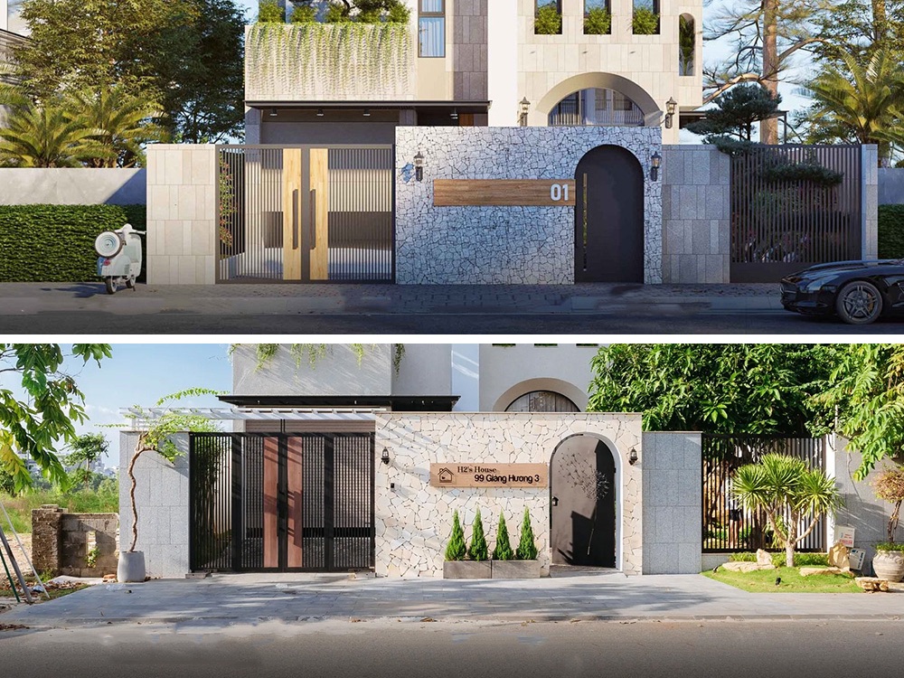 hàng rào biệt thự địa trung hải là sự kết hợp hoàn hảo giữa gỗ, đá và màu sắc biển cả, làm nổi bật vẻ đẹp tự nhiên của không gian sống