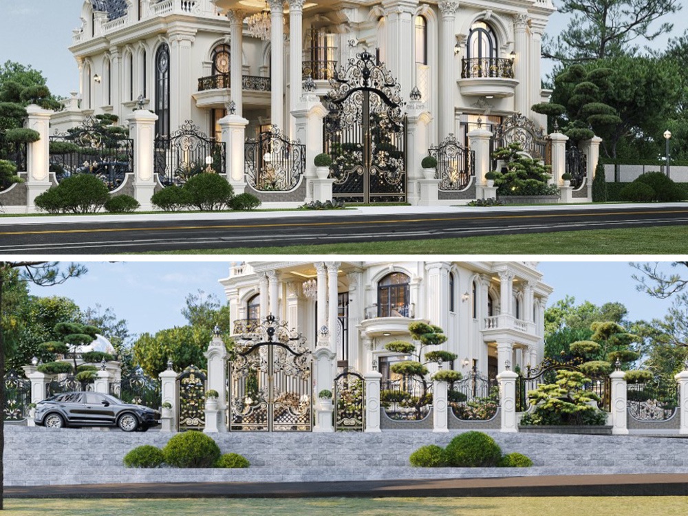  mẫu hàng rào biệt thự tân cổ điển kết hợp đèn trang trí nghệ thuật, tạo nên không gian lung linh, ấn tượng vào ban đêm