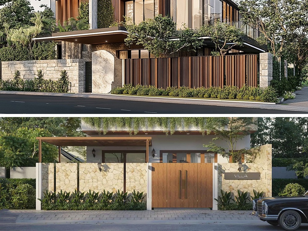 Hàng rào biệt thự phong cách Zen với thiết kế gỗ tự nhiên, kết hợp cùng cây xanh xung quanh, mang đến cảm giác thư giãn và yên bình cho không gian sống