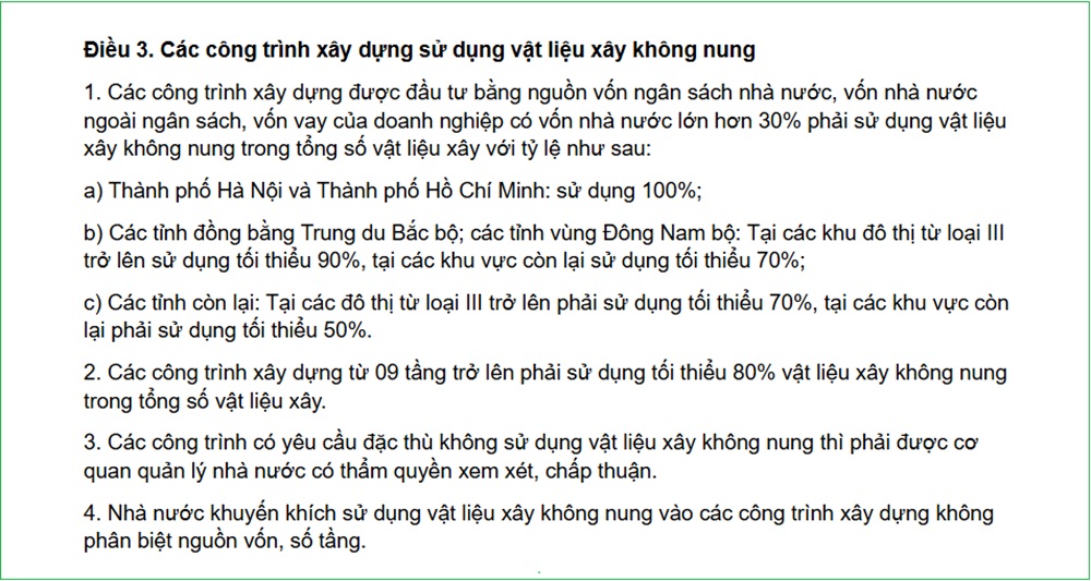 Công trình nào phải sử dụng vật liệu xây dựng không nung?