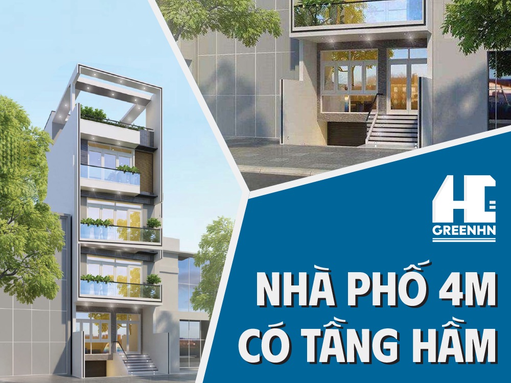 Thiết kế nhà phố 4m có tầng hầm để xe đơn giản với lối lên xuống hầm tiện lợi