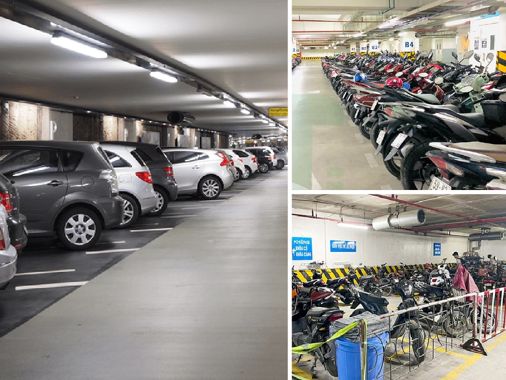 Thiết kế tầng hầm để xe nhà cao tầng đáp ứng các kích thước đỗ xe ô tô, xe máy, xe đạp