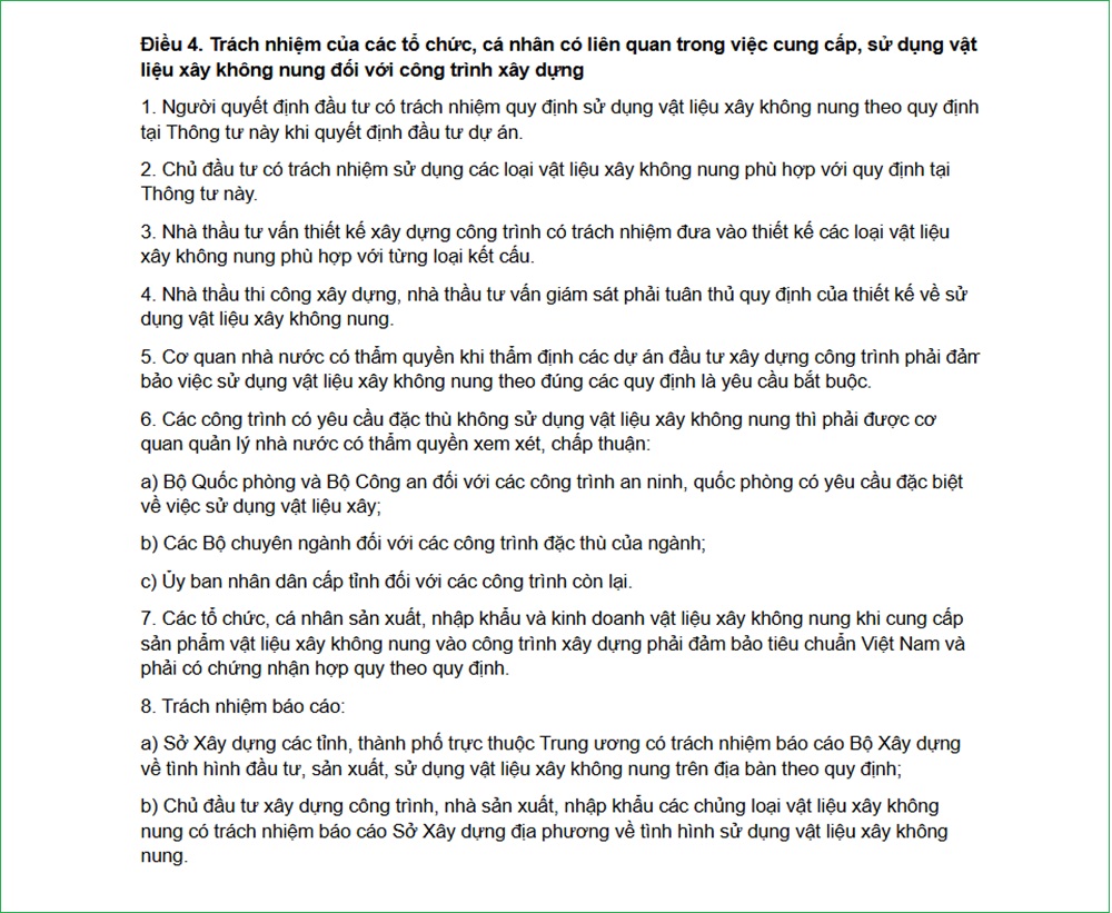 Trách nhiệm cung cấp, sử dụng vật liệu không nung trong xây dựng