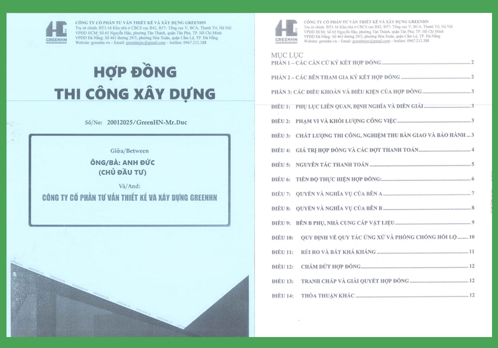 Hợp đồng thi công xây dựng tại greenhn
